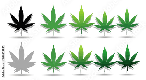 Cannabis leaf vector icons set, green marijuana foliage silhouettes in 10 variations, medical hemp plant symbols for dispensary branding and cbd product packaging