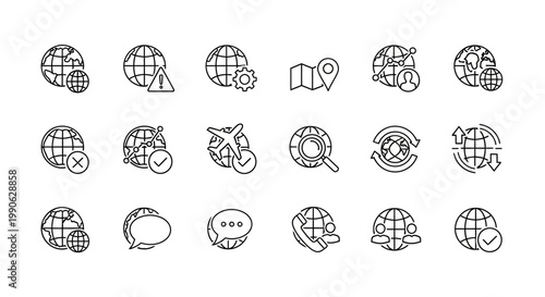 Global logistics and communication line icons, set of 18 vector world globe symbols, international business and travel web interface elements