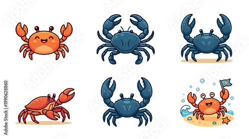 Cute cartoon crabs in various poses and colors showcase the playful marine life of the ocean, perfect for children's designs and summer themes.