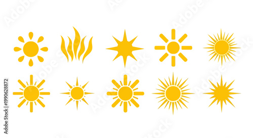 Yellow sun icons set, 10 flat sunshine vector elements, golden solar symbols for weather forecasting and summer branding, minimalist heat and light graphics