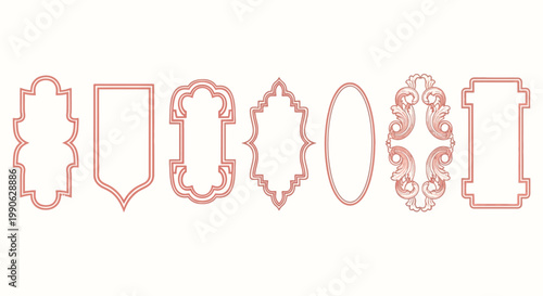 Vintage rose gold frame collection, set of 7 elegant decorative borders, ornate filigree label vectors for luxury branding and wedding stationery