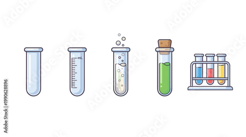 Test tubes and laboratory equipment for scientific experiments showcasing various stages of chemical reactions and research in a clean illustration.