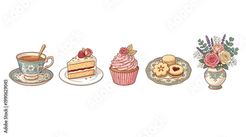 Tea, cake, cupcake, cookies, flowers, and pastries are beautifully arranged for a delightful afternoon celebration in a charming illustrative style.