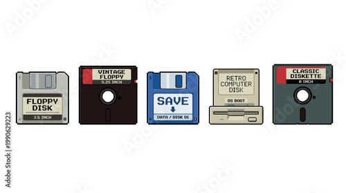 Various vintage floppy disks and a retro drive are displayed in a pixel art style, representing classic computer data storage technology from past decades.