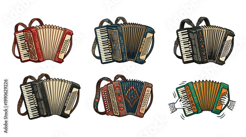 Six colorful accordions are beautifully illustrated with diverse patterns, intricate details, and musical elements, perfect for folk music themes.