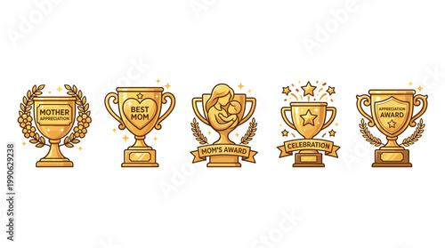 Golden trophies and awards celebrating mothers and appreciation, showcasing various designs for recognition, achievement, and special occasions like Mother's Day.