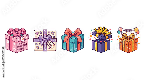 Colorful cartoon gift boxes with bows and ribbons are beautifully arranged, symbolizing joy, celebration, and thoughtful presents for special occasions.