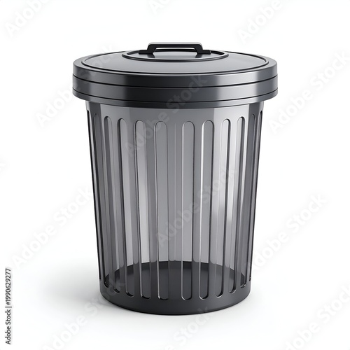 Black plastic trash can with lid on white background.