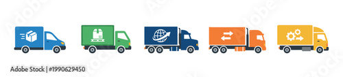 Delivery trucks with various symbols representing different aspects of shipping and logistics services, illustrating modern transportation and supply chain management.