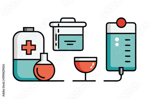Medical iv bag, flask, and beaker with red cross health hospital care treatment