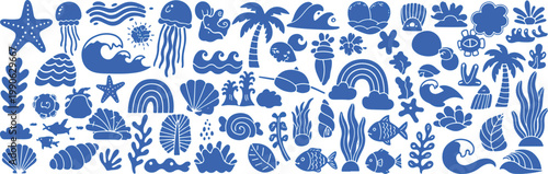Vibrant underwater and beach life illustrated icons collection