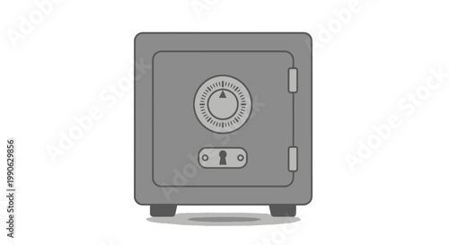 A closed gray safe with a circular combination lock and a keyhole