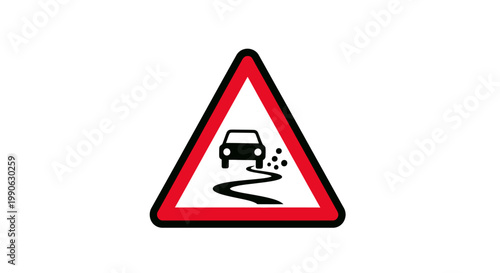 Warning sign depicting a car skidding on a slippery road surface