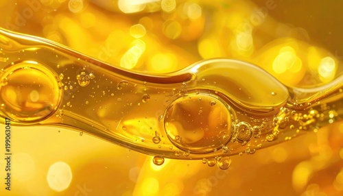 A close-up shot showcases golden liquid with shimmering bubbles, creating an abstract and visually captivating composition.