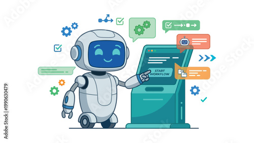 A cheerful robot interacting with a large computer screen displaying a workflow.