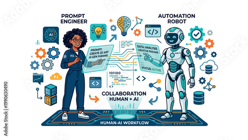 Human and robot collaborate on AI workflow project with data analysis and automation