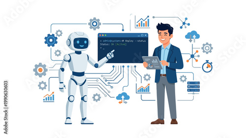 A robot and a businessman interact with a large computer screen and various technical icons.