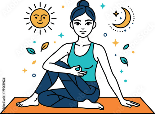 Woman practices yoga on a mat outdoors during daytime and nighttime.