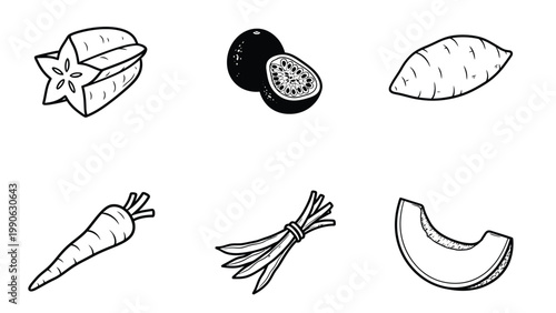 Fresh Fruits & Vegetables Line Art Icons. Hand-Drawn Outline Collection for Healthy Food, Diet & Nutrition Concepts.