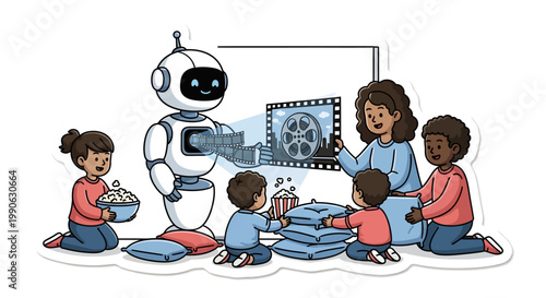 Robot teaching children in classroom with teacher