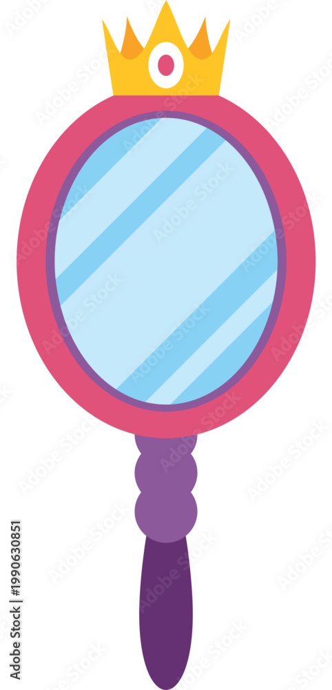 Fototapeta premium Princess hand mirror with a golden crown, representing beauty and luxury in a flat illustration style