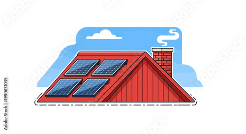 Red house with solar panels on roof eco friendly home