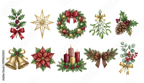 Watercolor Christmas Botanical Clipart Set — 10 Holly Wreath Bell Poinsettia Candle Festive Illustration