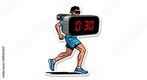 man running with oversized stopwatch on shoulder