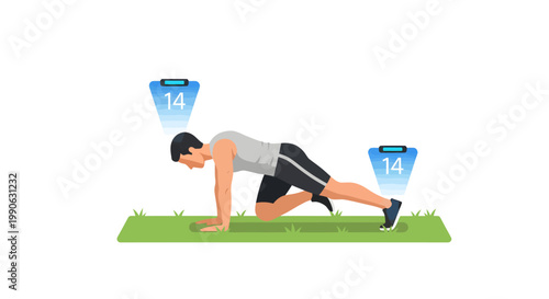 man doing push-ups on green mat with blue cones