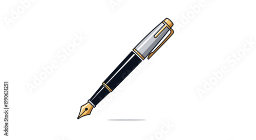 A sleek, black fountain pen with silver and gold accents, casting a subtle shadow