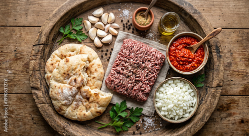 Hyper-realistic flat lay of Cevapi ingredients on rustic wooden platter
