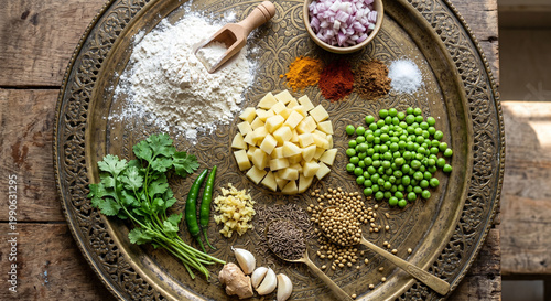 Cinematic flat lay of authentic Samosa ingredients on ornate brass tray