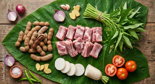 Hyper-realistic top down view of Sinigang ingredients on textured taro leaf