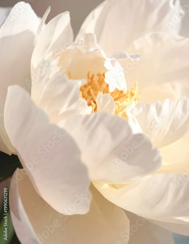 A close-up photograph showcases the delicate beauty of a white peony flower, its petals softly illuminated by natural light, revealing intricate details of its center.
