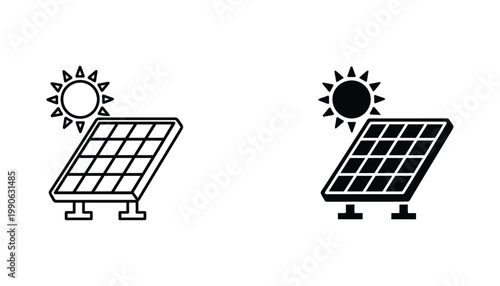 Solar panel energy icon with sun ray graphic for renewable energy and ecology design