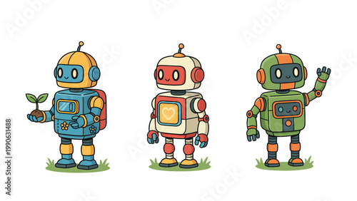 Adorable Cartoon Robots Set: AI, Technology, and Eco-Friendly Concepts. Friendly Character Illustration.