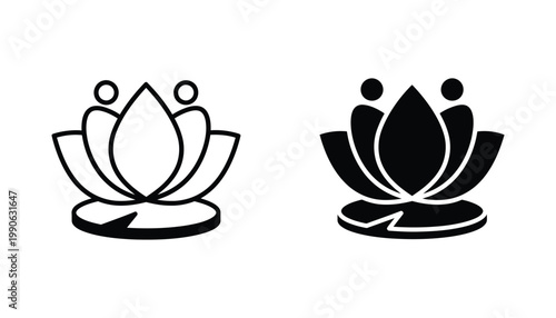 Lotus flower on lily pad icon set representing meditation and wellness in outline and solid black styles for spa and yoga branding