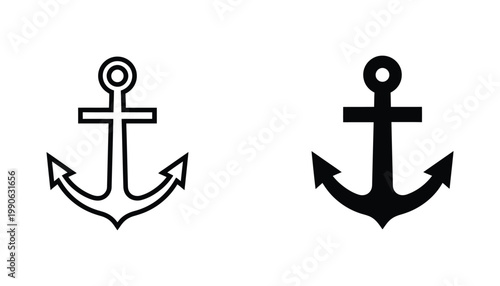 Ship anchor vector icon set with outline and solid black silhouette styles for maritime and nautical design projects