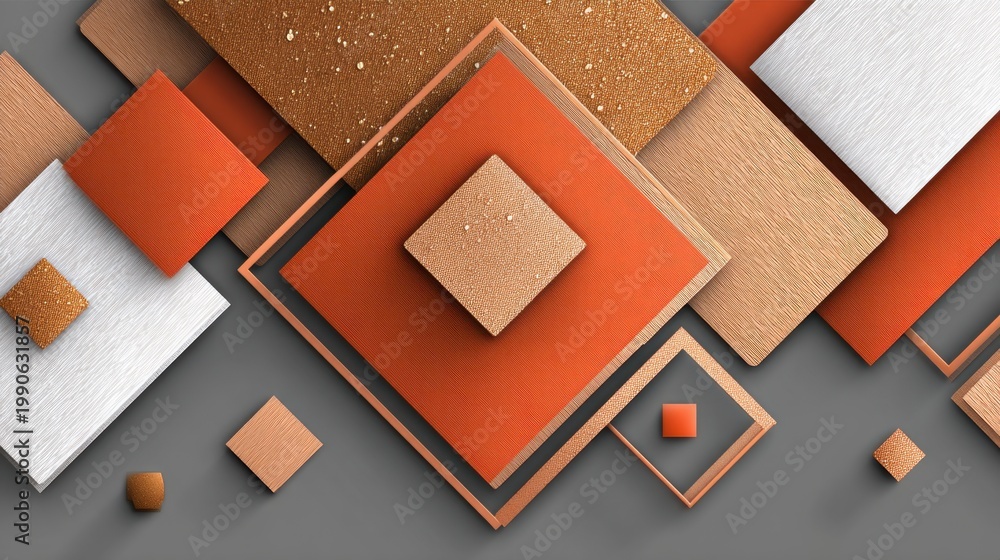Fototapeta premium Abstract geometric composition with layered shapes in shades of orange, white, and gray featuring textures and patterns