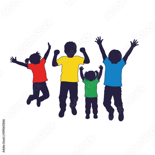 Silhouettes of happy jumping children together.