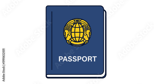 Blue passport with a golden globe emblem and white text