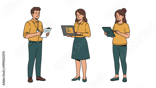 Modern Business Professionals Working with Laptop, Tablet, and Clipboard for Data Entry Illustration