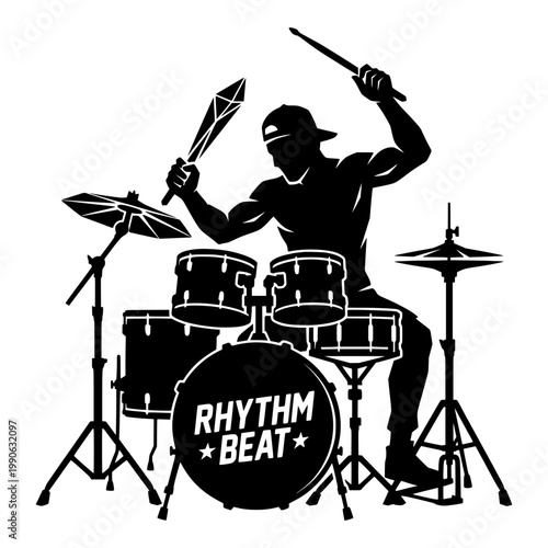 A man playing drums with rhythm beat logo