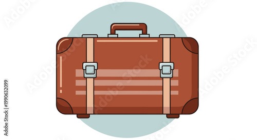 A vintage-style brown suitcase with straps and buckles against a pale blue circle