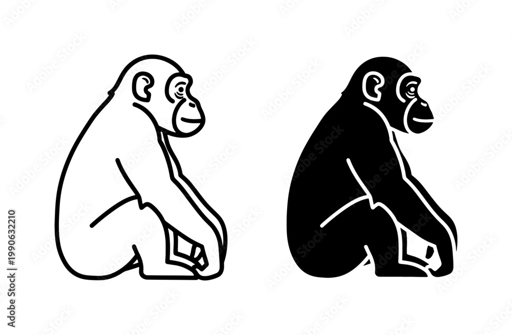 Fototapeta premium Chimpanzee Sitting Profile Vector Icon Set