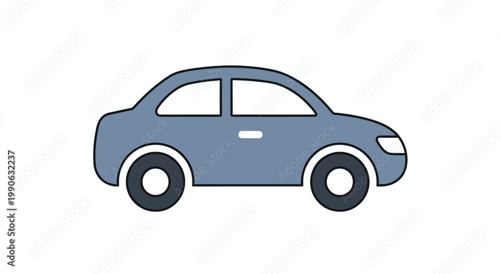 Fototapeta premium Simple blue car illustration with black outlines on a white background