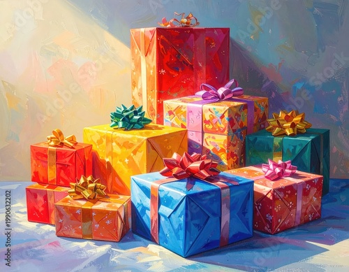 A vibrant and colorful still life painting depicts a cheerful pile of wrapped presents adorned with festive bows, bathed in warm, diffused light.