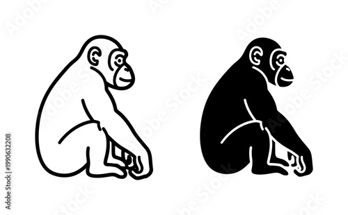 Chimpanzee Sitting Profile Outline and Silhouette Vector