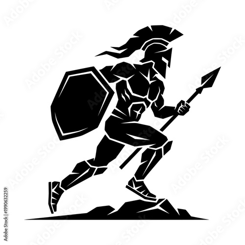 A spartan warrior running with a shield and spear
