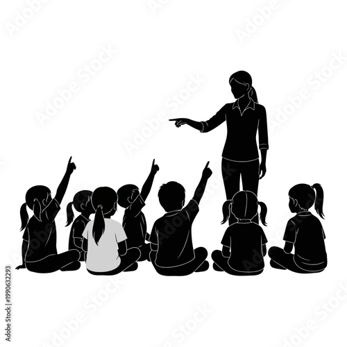 Woman teaching children in classroom setting.